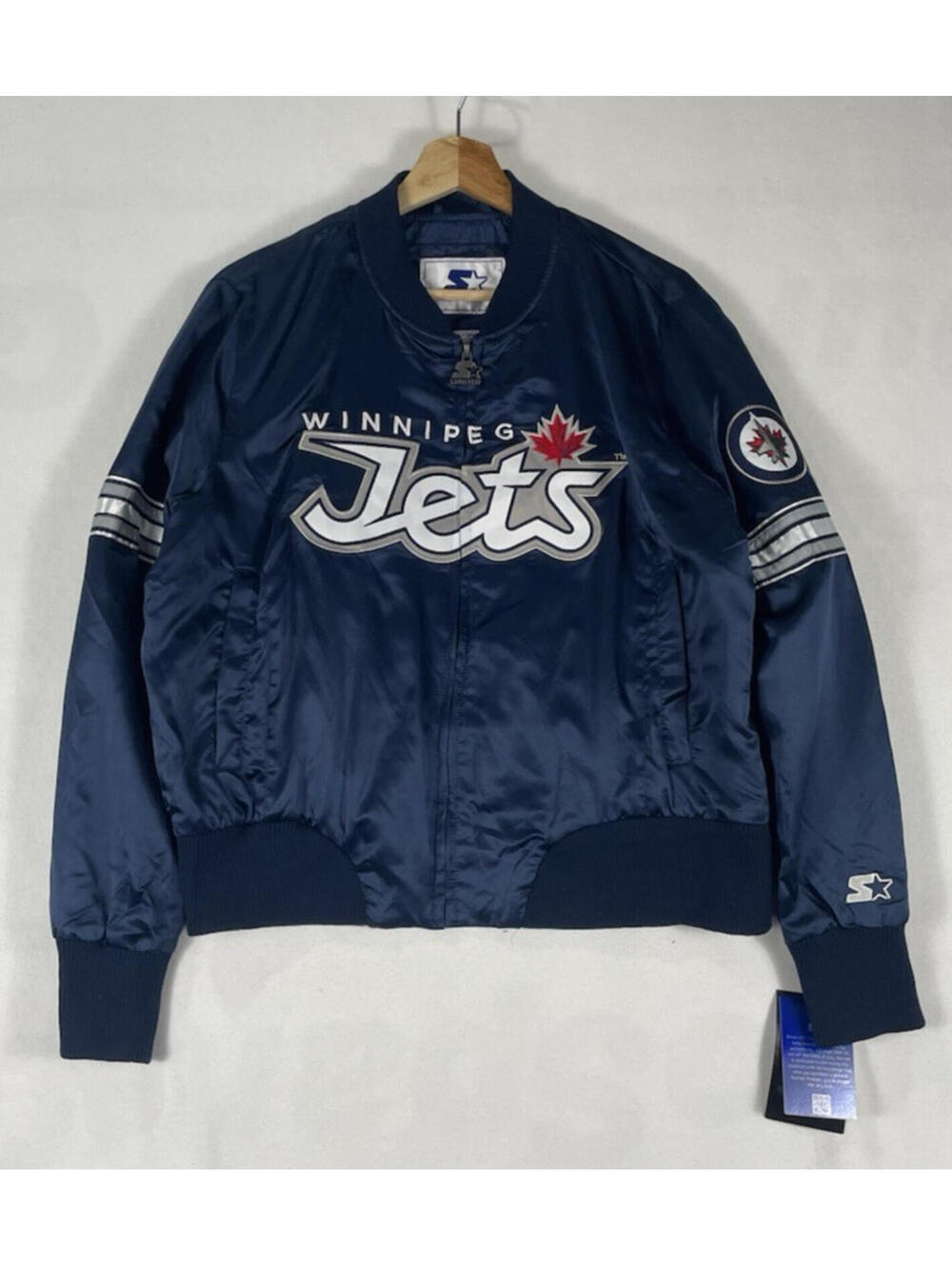 WOMENS Starter GIII Sports Winnipeg Jets NHL Hockey Satin Navy Bomber Jacket